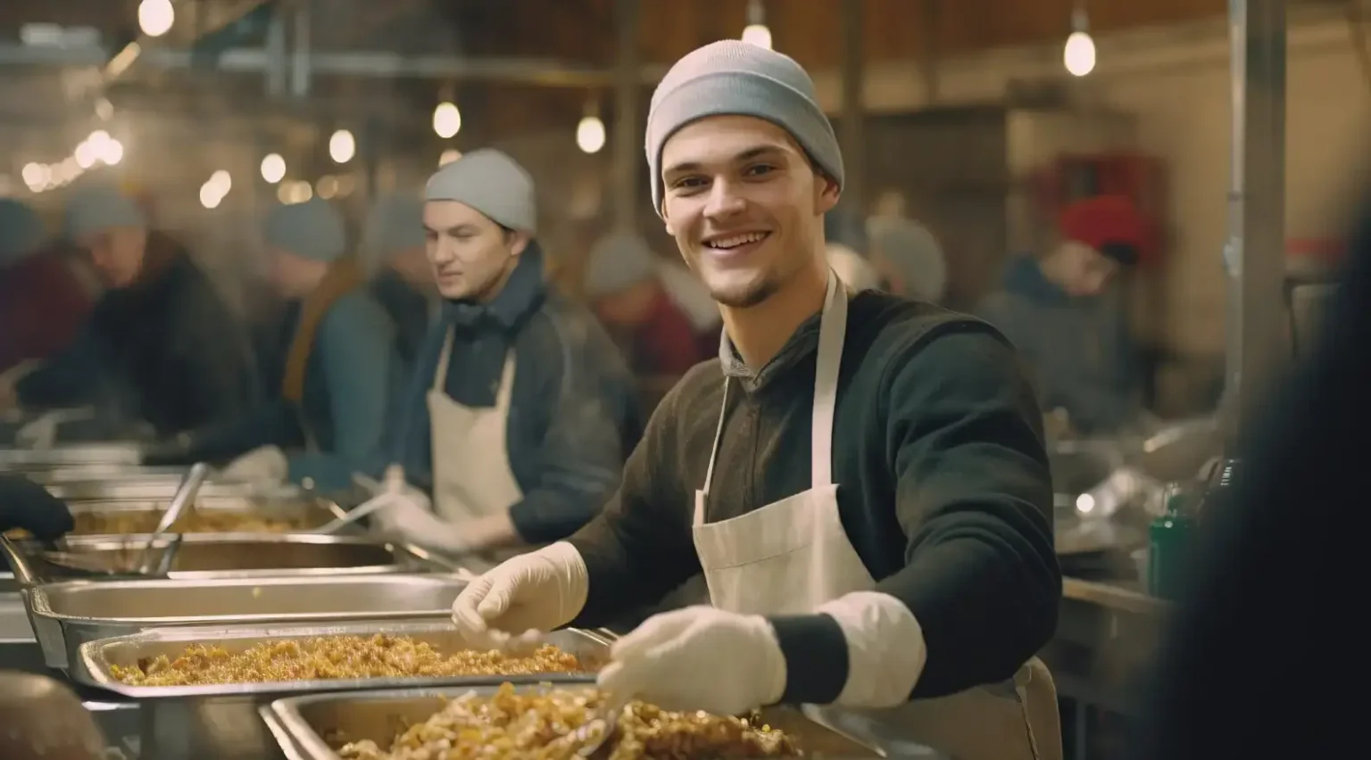 A man in white gloves and an apron is preparing food.