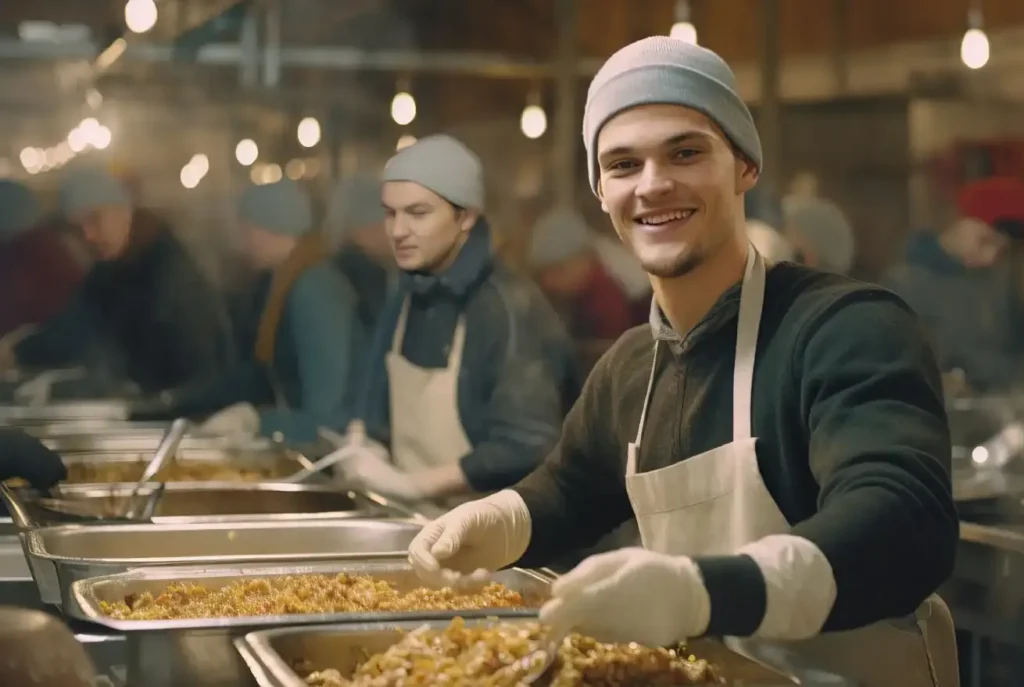 A man in white gloves and an apron is preparing food.