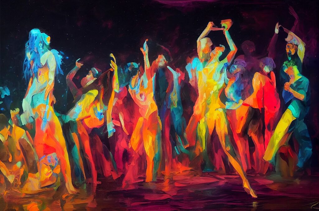 Colorful abstract painting of dancing figures.